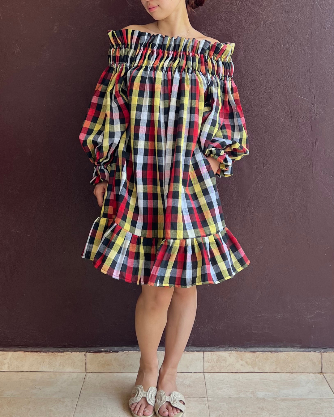 Decollete dress - Multi gingham color