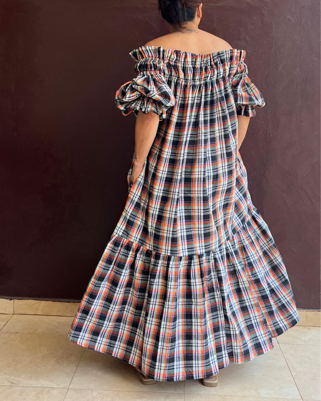 Decollete dress - Orange x White gingham