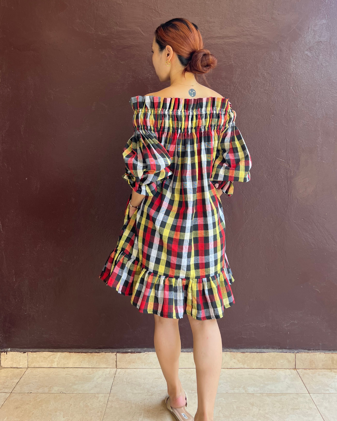 Decollete dress - Multi gingham color