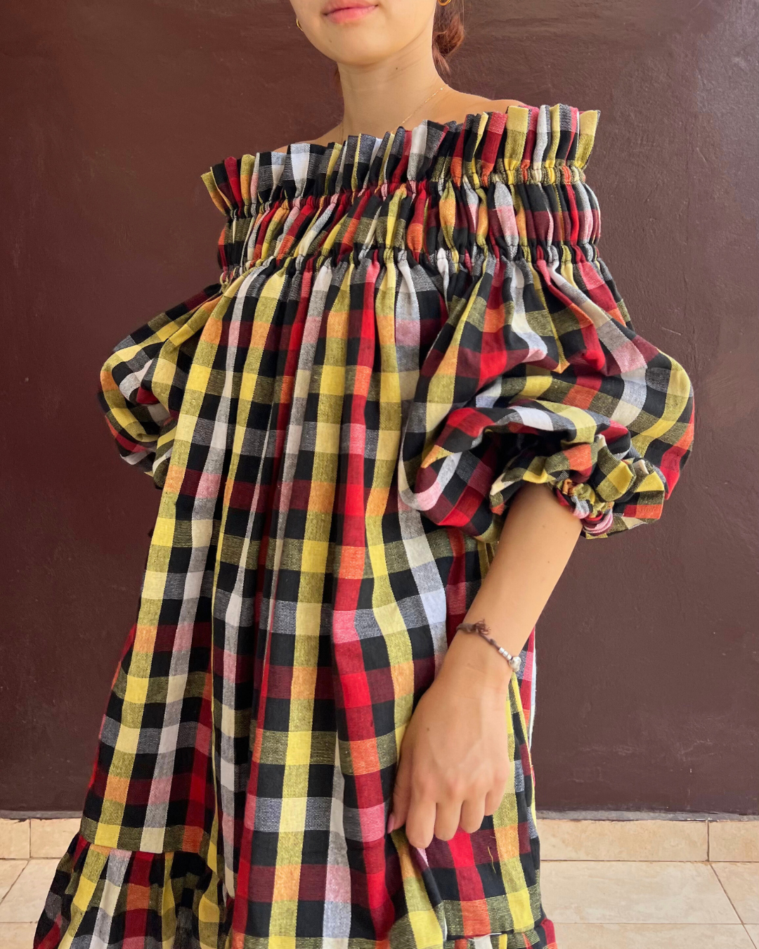 Decollete dress - Multi gingham color