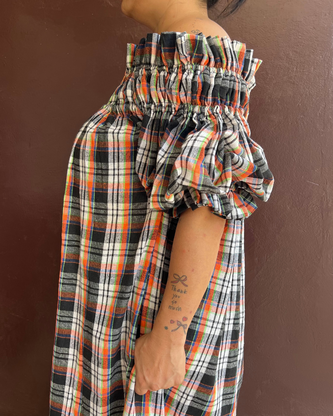 Decollete dress - Orange x White gingham