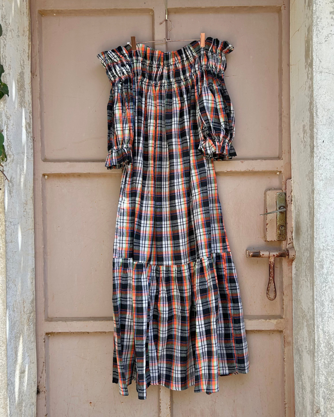 Decollete dress - Orange x White gingham