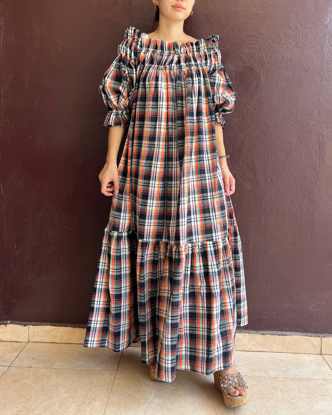 Decollete dress - Orange x White gingham